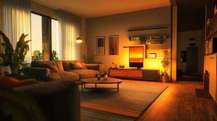 Poster - soft ambient lighting illuminating a modern living room with cozy, contemporary decor.
