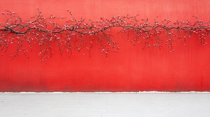 A stunning winter snow scenery featuring vibrant red plum blossoms against a beautiful petal-red ancient wall. 