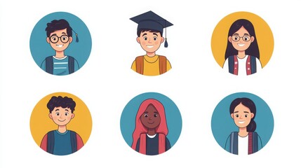 a set of illustrated avatars depicting students of different academic levels in circular frames. One student wears a graduation cap and gown with a proud smile