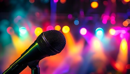 Wall Mural - Vibrant Close-Up of Dynamic Microphone Under Colorful Lights and Smoke, Capturing the Energy of Live Performances and Nightlife Scenes