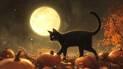 A black cat walking across a pumpkin patch, with a bright full moon glowing in the background.