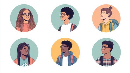 Wall Mural - a set of illustrated avatars featuring diverse students in circular frames. One student is wearing glasses and a hoodie, another has long curly hair tied back