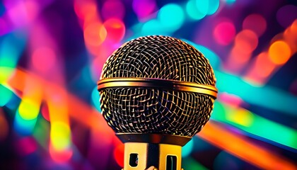 Wall Mural - Vibrant Close-Up of Dynamic Microphone Under Colorful Lights and Smoke, Capturing the Energy of Live Performances and Nightlife Scenes