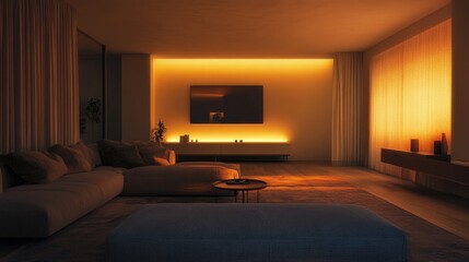 Soft lighting illuminating a minimalist living room with plush, comfortable seating. -