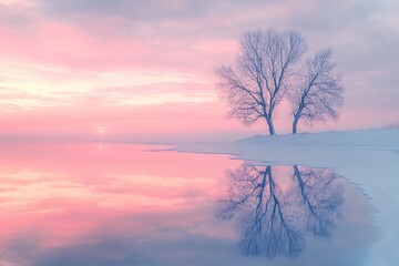 Wall Mural - Two Bare Trees Reflected in a Pink Sunset Over a Frozen Lake