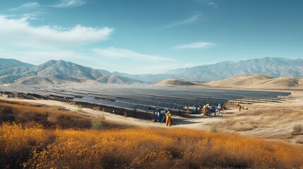 Solar array installation on a vast field, with workers in hard hats performing maintenance.