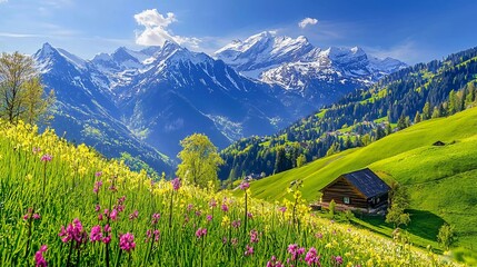 Idyllic mountain landscape in the Alps with beautiful blooming meadows in springtime