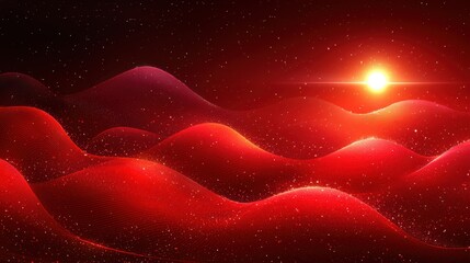 Poster - Red Abstract Wavy Background with Glowing Sun and Stars