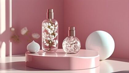 Wall Mural - Elegant display of luxury beauty products on a sleek podium adorned with white spheres against a soft pink backdrop