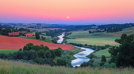 Poster - Sunset over Rolling Hills with River and Farmhouses