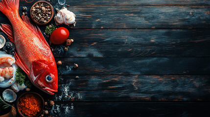 Seafood concept. Fresh sea food background. Fish and seafood products. Raw material fresh fish and seafood. Healthy food. Cooking ingredients. Copy space for text top view. 