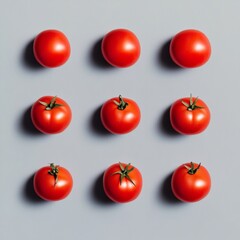 Poster - Aerial View of Geometrically Arranged Red Tomatoes on Gray Background in a Symmetrical Pattern