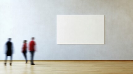 Poster - Contemporary Mockup with Blank Poster on Matte Plaster Wall, People Passing By in Blur Motion
