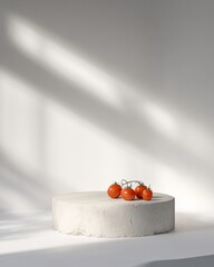 Aufkleber - Minimalist Mockup with Concrete Podium and Tomatoes on Light Gray Background in Serene Sunlight