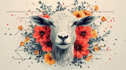 Poster - White Goat with Flowers and Abstract Design   Artistic Animal Illustration