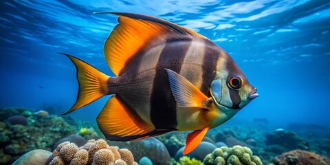 Sticker - Vibrant Black and Orange Batfish Swimming Gracefully in Clear Tropical Waters of the Ocean