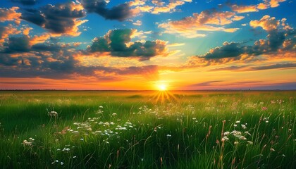 Serene sunset over a summer meadow filled with lush green grass and wispy clouds in the vibrant sky