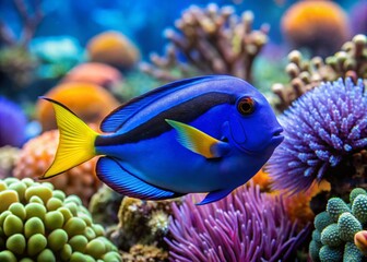 Sticker - Vibrant Blue Tang Fish Swimming Gracefully in Clear Tropical Waters of a Coral Reef Ecosystem