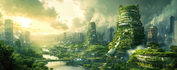 Tilted perspective of utopian city, thriving eco-gardens blend with innovative urban living, a vision for the future