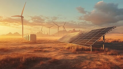 Wall Mural - Solar Panel and Wind Turbines in a Desert Landscape at Sunset