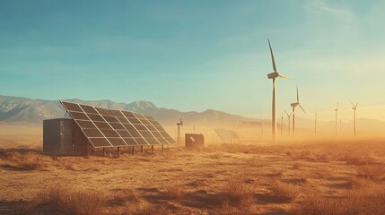 Wall Mural - Solar Panels and Wind Turbines in a Desert Landscape