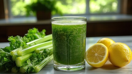 Wall Mural - Fresh Green Smoothie with Celery and Lemon