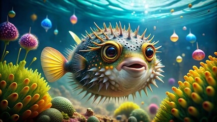 Wall Mural - Vibrant Clip Art Illustration of a Puffer Fish in a Whimsical Underwater Scene for Creative Projects