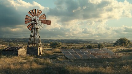 Wall Mural - Windmill and Solar Panels in a Rural Landscape