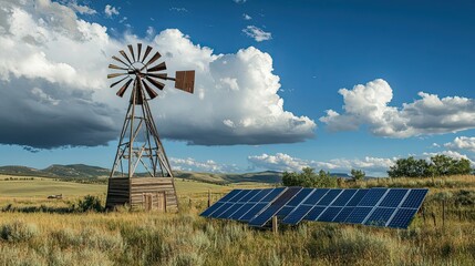 Wall Mural - Windmill and Solar Panels in a Field with Cloudy Sky