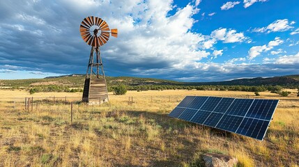 Wall Mural - A Windmill and Solar Panels in a Field with Hills and a Blue Sky