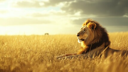 A lion lounging in the African savannah, with golden grasslands stretching out in the background under the sun.