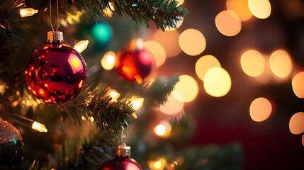 Wall Mural - 1. A beautifully decorated Christmas tree adorned with colorful baubles and twinkling lights. The scene features a soft focus on the shiny lights in the background, creating a warm, festive ambiance