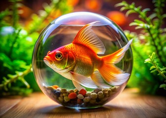 Wall Mural - Vibrant Goldfish Swimming Gracefully in a Clear Glass Bowl Surrounded by Decorative Elements