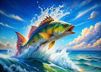 Wall Mural - Vibrant Illustration of a Fish Jumping Out of Water Against a Bright Blue Sky and Splashes of Waves