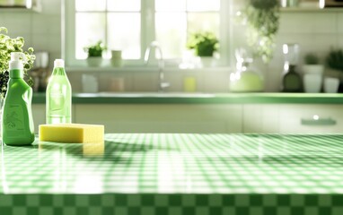 Aufkleber - Lively Kitchen Morning Scene with Vibrant Green Plastic Table, Cleaning Supplies, and Soft Sunlight Glow