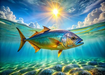 Sticker - Vibrant King Fish Swimming Gracefully in Crystal Clear Ocean Waters Under Bright Sunlight