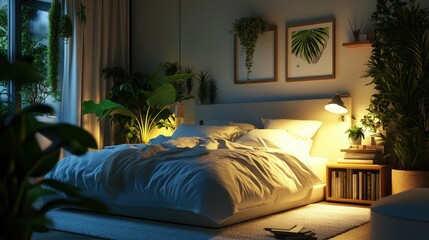 Poster - A peaceful bedroom setting with calming elements like soft lighting, plants, and books, promoting rest and relaxation.