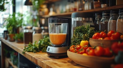 Canvas Print - Blender with Fresh Juice and Vegetables