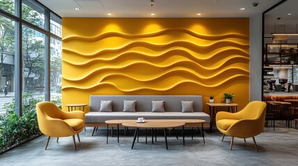 Modern Yellow Wave Wall Interior Design Living Room With Sofa and Chairs