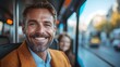 © CinimaticWorks - happy businessman on a public bus, traveling to work while reducing air pollution, illustrating his commitment to sustainable commuting and a green lifestyle in an urban environment