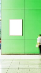 Poster - Minimalist Interior with Smooth Pastel Green Wall and Blank Poster Mockup, Dynamic Motion Blur of Passing People, Bright Daylight in Elegant Indoor Setting