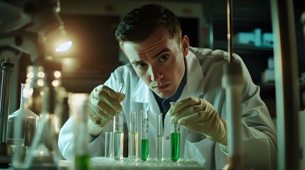 Poster - A scientist in a lab coat examines green liquid in test tubes.