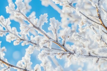 Sticker - Close-Up of a Frost-Covered Branch Against a Blue Sky