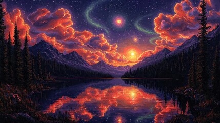 Wall Mural - Mountain Lake Sunset with Stars and Clouds Reflection