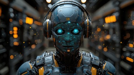 Wall Mural - Futuristic Robot with Headphones  Artificial Intelligence  Cyborg  Digital Art