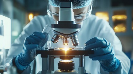 Poster - Scientist Wearing Gloves and Protective Gear Using a Microscope in a Laboratory