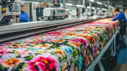 A row of heat transfer printers producing vivid floral designs on fabric, with workers monitoring production quality