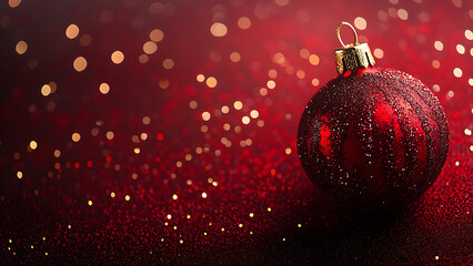 A red and gold Christmas ornament on a red glitter background.