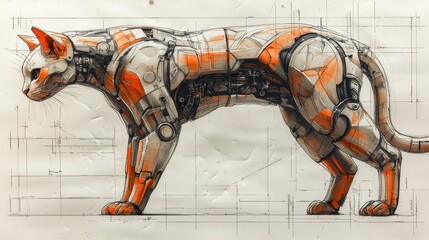 Wall Mural - Robotic Cat Design Concept Sketch on Grid Paper