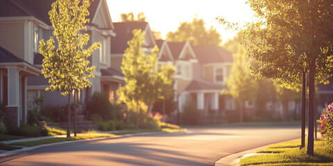 peaceful suburban street with newly built houses, bathed in warm sunlight, creates serene atmosphere